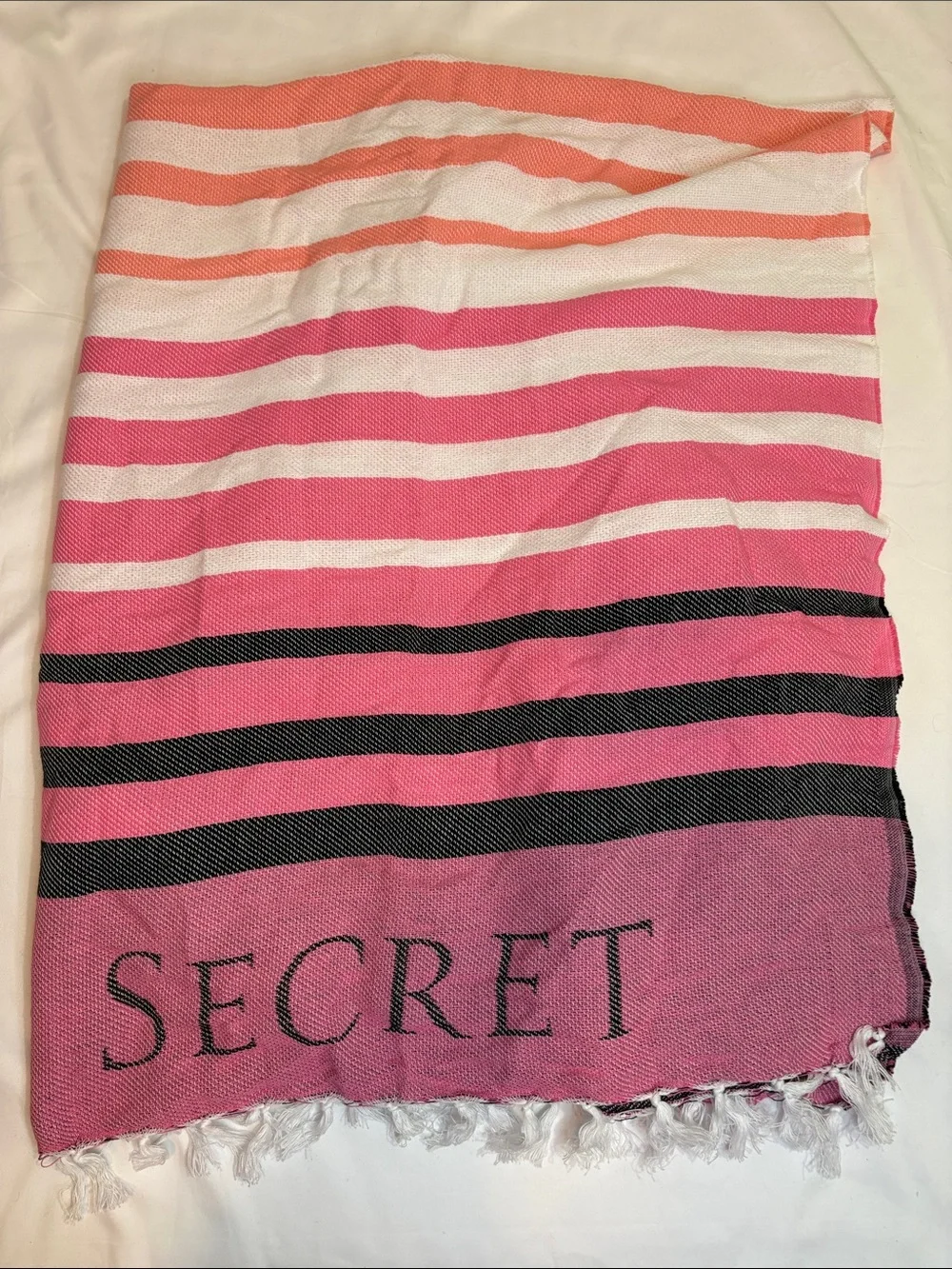 Victoria’s Secret 100% Cotton Striped Beach Blanket Throw Peach Pink Black VS